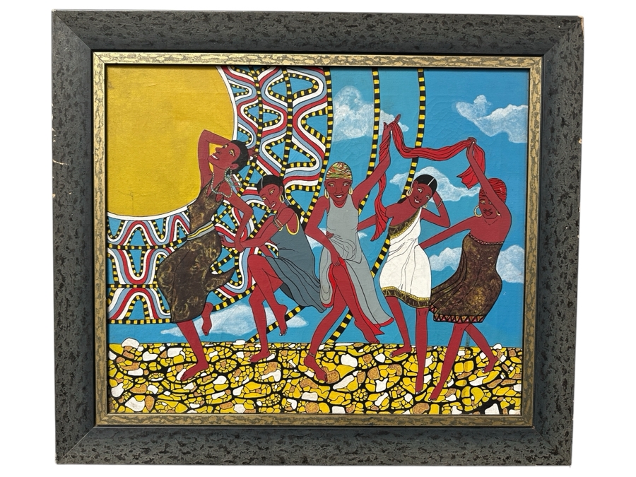 Vintage Original African Tribal Artwork On Canvas 24 X 20 Framed 29 X 25.5 [Photo 2]