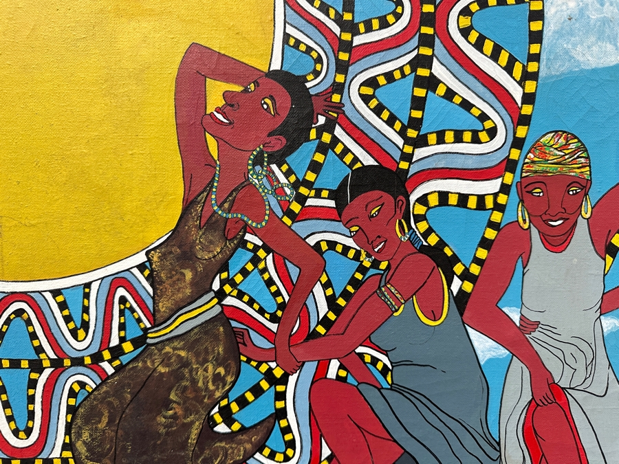 Vintage Original African Tribal Artwork On Canvas 24 X 20 Framed 29 X 25.5 [Photo 5]