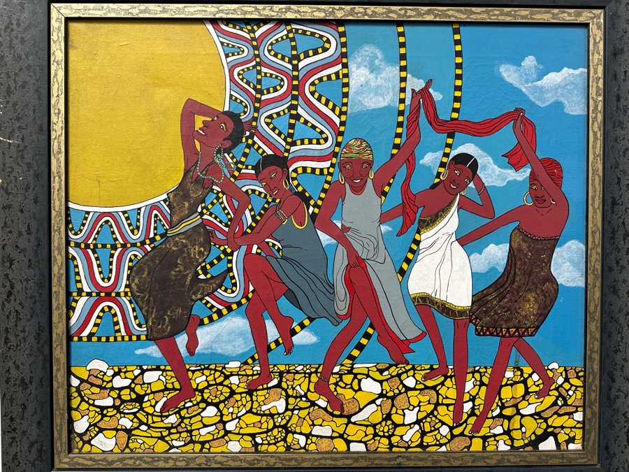 Vintage Original African Tribal Artwork On Canvas 24 X 20 Framed 29 X 25.5 [Photo 3]