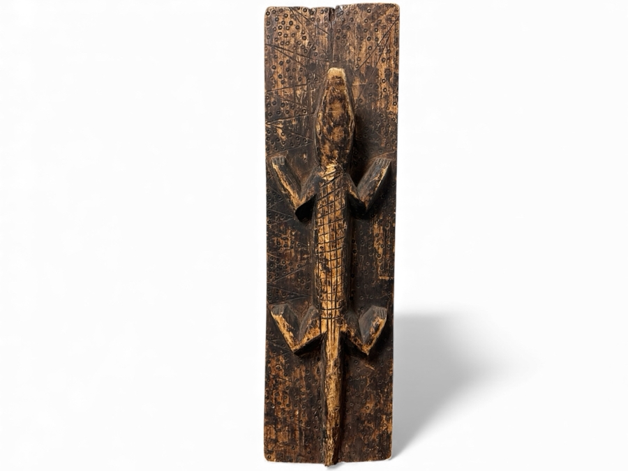 Vintage Relief Carved Wooden Nigerian Crocodile Totem Alligator Tribal Art Piece 14'W X 47'H