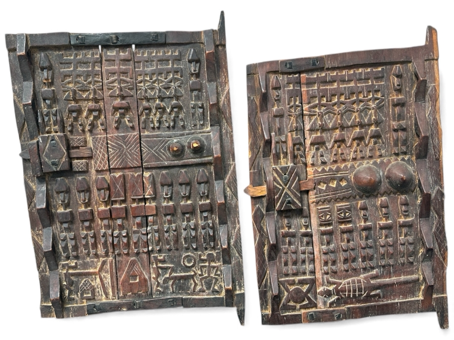 Pair Of Vintage African Hand Carved Wooden Dogon Granary Doors 21.5'W X 32.5'H & 20.5'W X 32'H