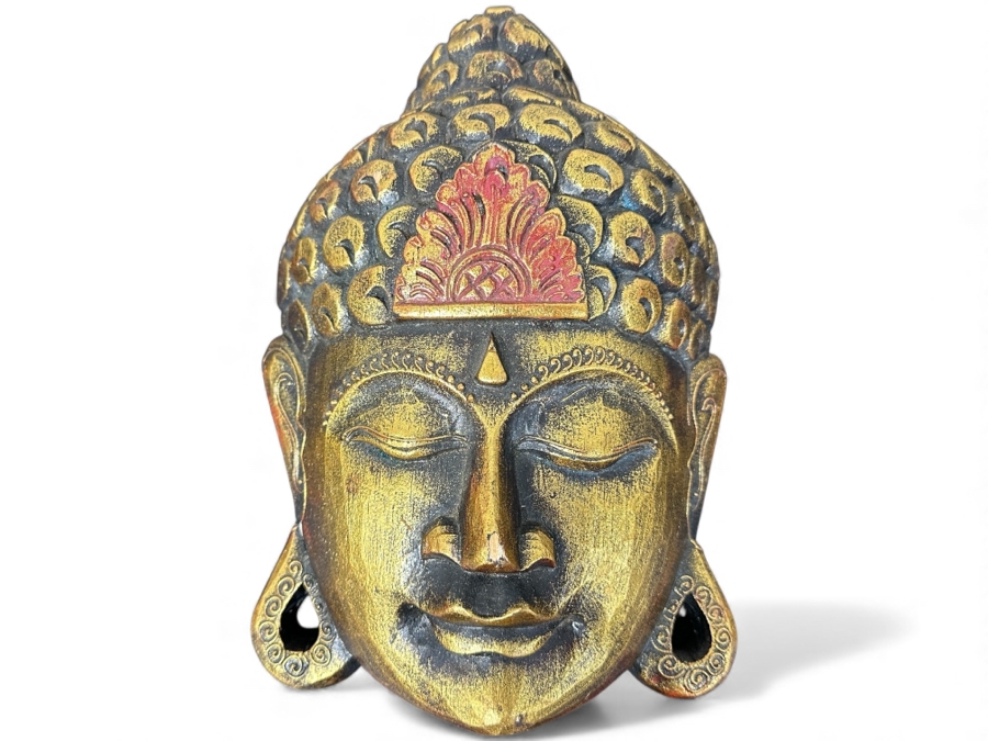 Handmade Wooden Buddha Head Mask 8W X 11.5H X 3D