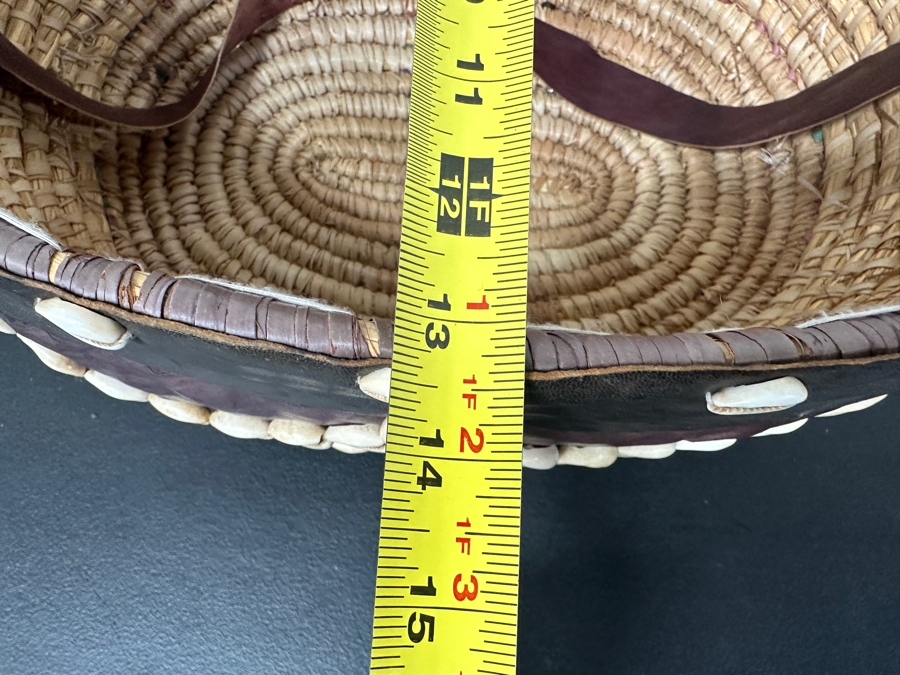 Vintage Handcrafted African Cowrie Shell And Leather Woven Basket With Handle 17W X 13D X 9H [Photo 11]