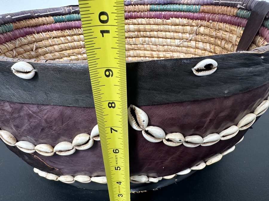 Vintage Handcrafted African Cowrie Shell And Leather Woven Basket With Handle 17W X 13D X 9H [Photo 12]