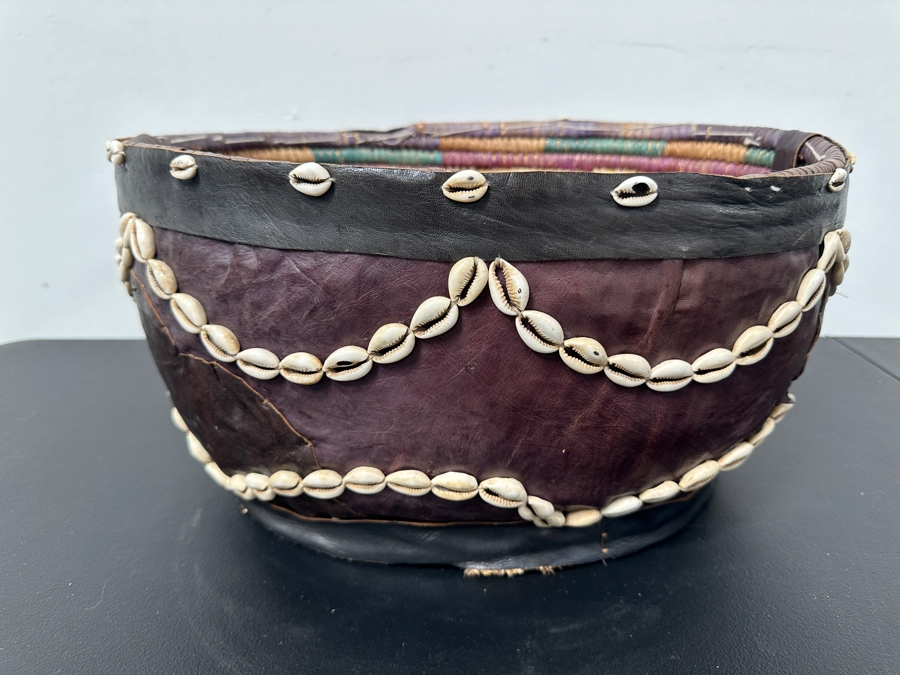 Vintage Handcrafted African Cowrie Shell And Leather Woven Basket With Handle 17W X 13D X 9H [Photo 7]