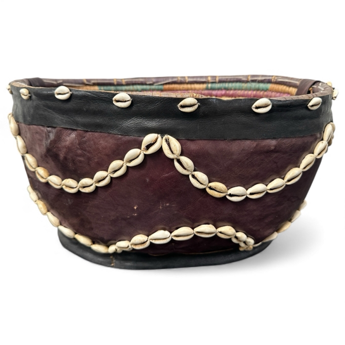 Vintage Handcrafted African Cowrie Shell And Leather Woven Basket With Handle 17W X 13D X 9H