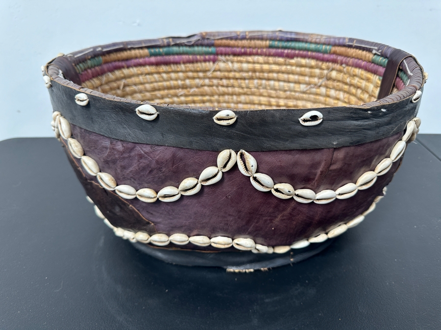 Vintage Handcrafted African Cowrie Shell And Leather Woven Basket With Handle 17W X 13D X 9H [Photo 8]