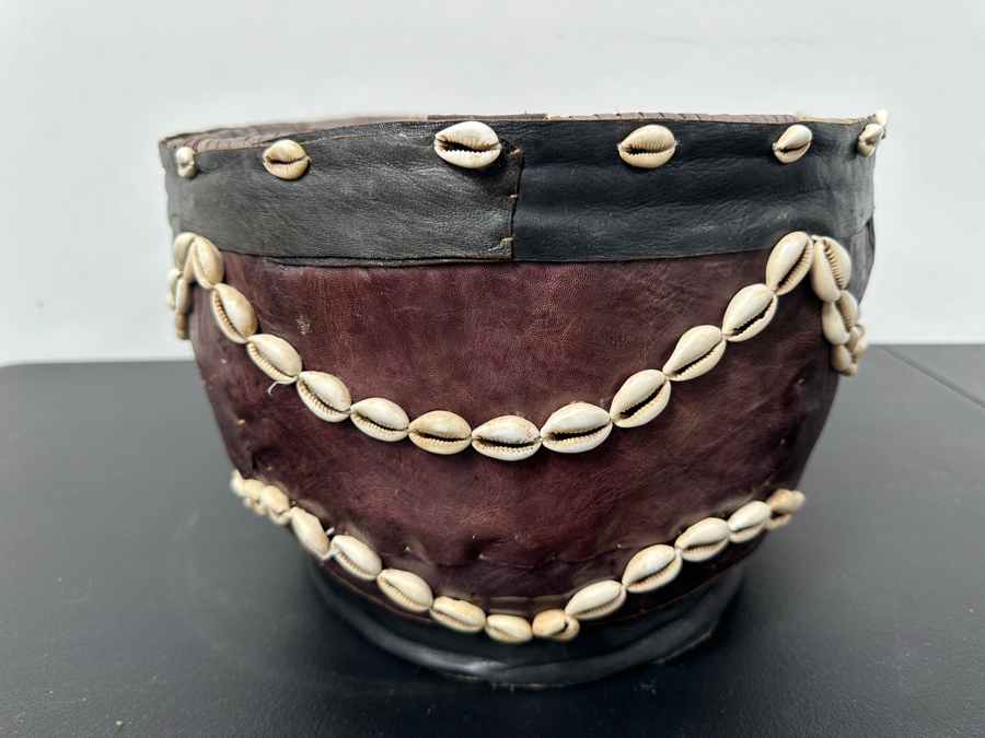 Vintage Handcrafted African Cowrie Shell And Leather Woven Basket With Handle 17W X 13D X 9H [Photo 6]