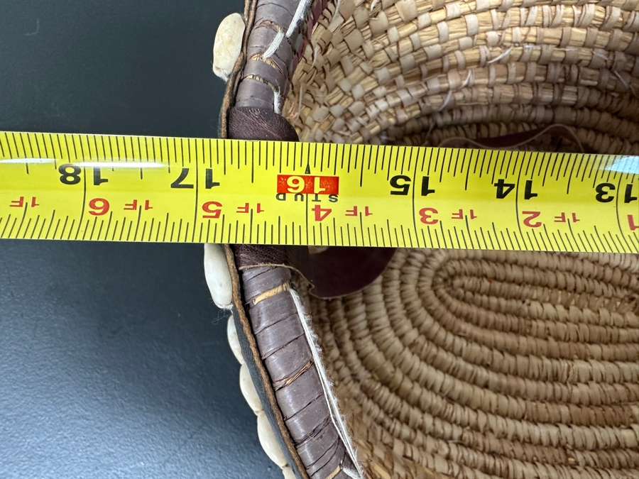 Vintage Handcrafted African Cowrie Shell And Leather Woven Basket With Handle 17W X 13D X 9H [Photo 10]