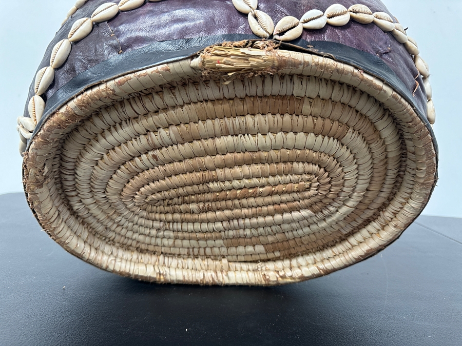 Vintage Handcrafted African Cowrie Shell And Leather Woven Basket With Handle 17W X 13D X 9H [Photo 9]