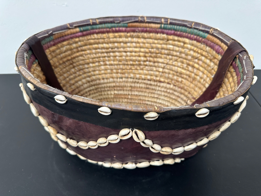 Vintage Handcrafted African Cowrie Shell And Leather Woven Basket With Handle 17W X 13D X 9H [Photo 4]