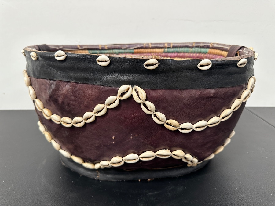 Vintage Handcrafted African Cowrie Shell And Leather Woven Basket With Handle 17W X 13D X 9H [Photo 2]