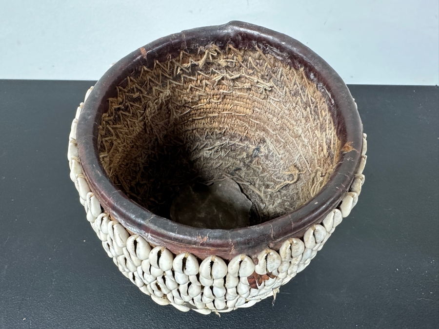 Vintage Handmade African Cowrie Shell Leather Woven Basket 8.5W X 8H [Photo 5]