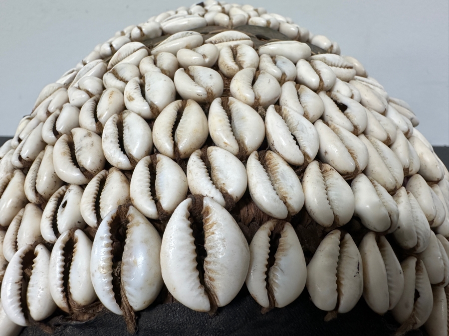 Vintage Handmade African Cowrie Shell Leather Woven Basket 8.5W X 8H [Photo 12]