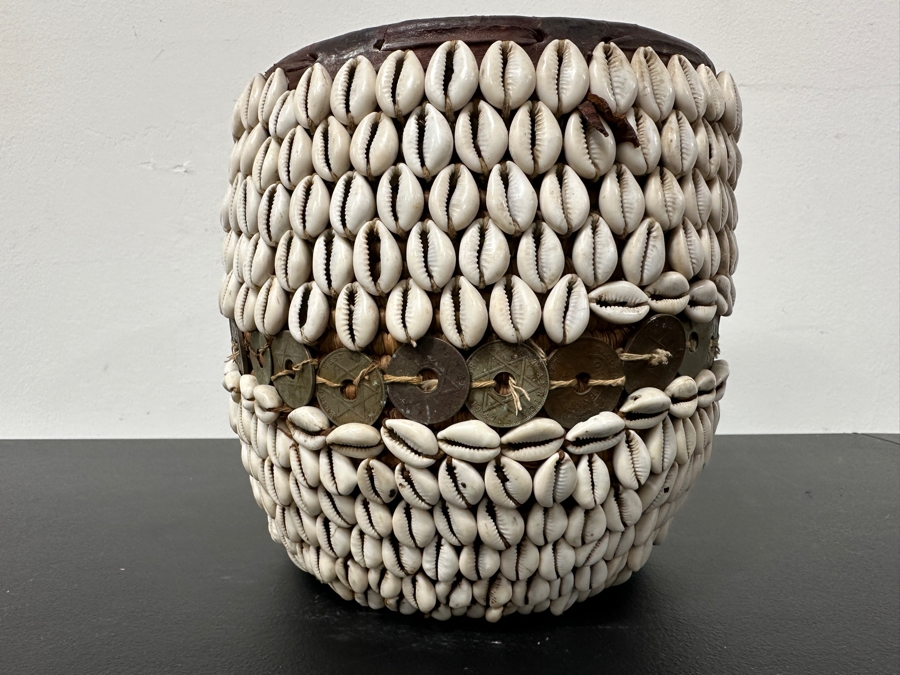 Vintage Handmade African Cowrie Shell Leather Woven Basket 8.5W X 8H [Photo 3]