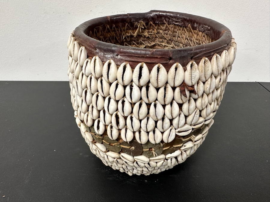 Vintage Handmade African Cowrie Shell Leather Woven Basket 8.5W X 8H [Photo 4]