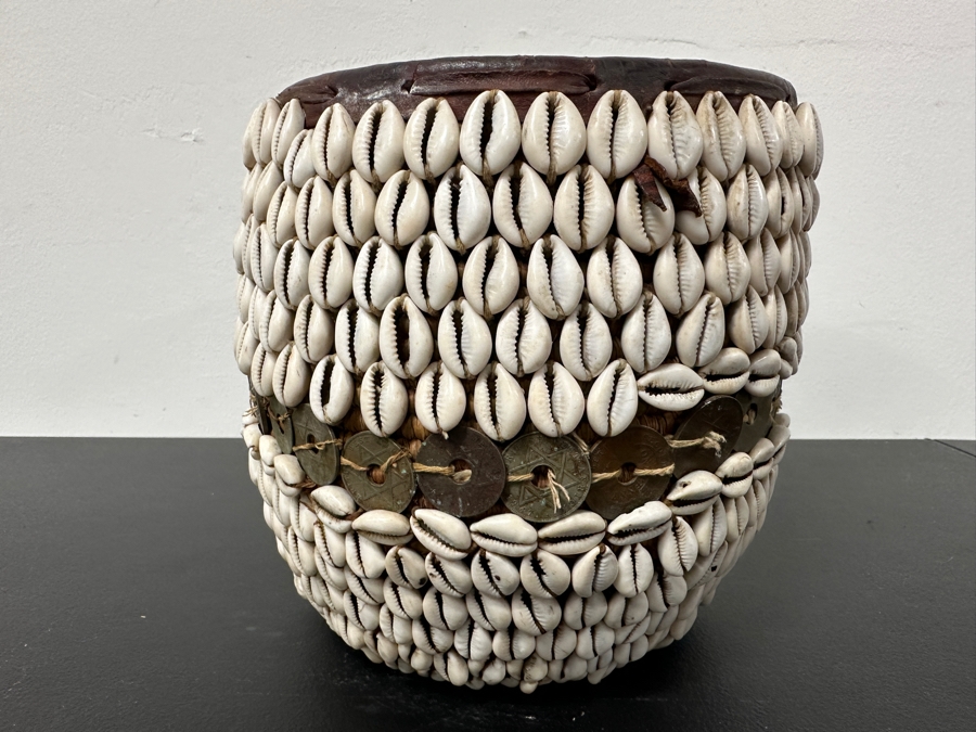 Vintage Handmade African Cowrie Shell Leather Woven Basket 8.5W X 8H [Photo 2]