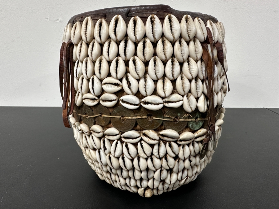 Vintage Handmade African Cowrie Shell Leather Woven Basket 8.5W X 8H [Photo 6]