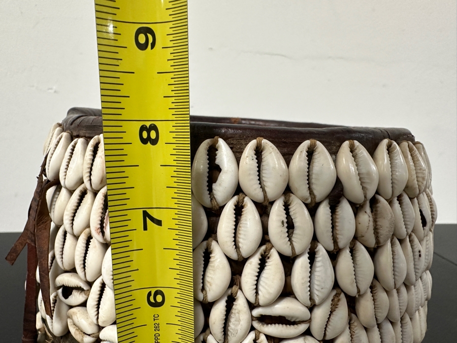 Vintage Handmade African Cowrie Shell Leather Woven Basket 8.5W X 8H [Photo 13]