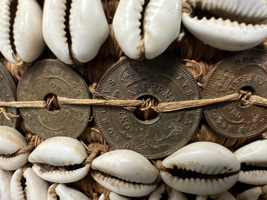 Vintage Handmade African Cowrie Shell Leather Woven Basket 8.5W X 8H [Photo 10]