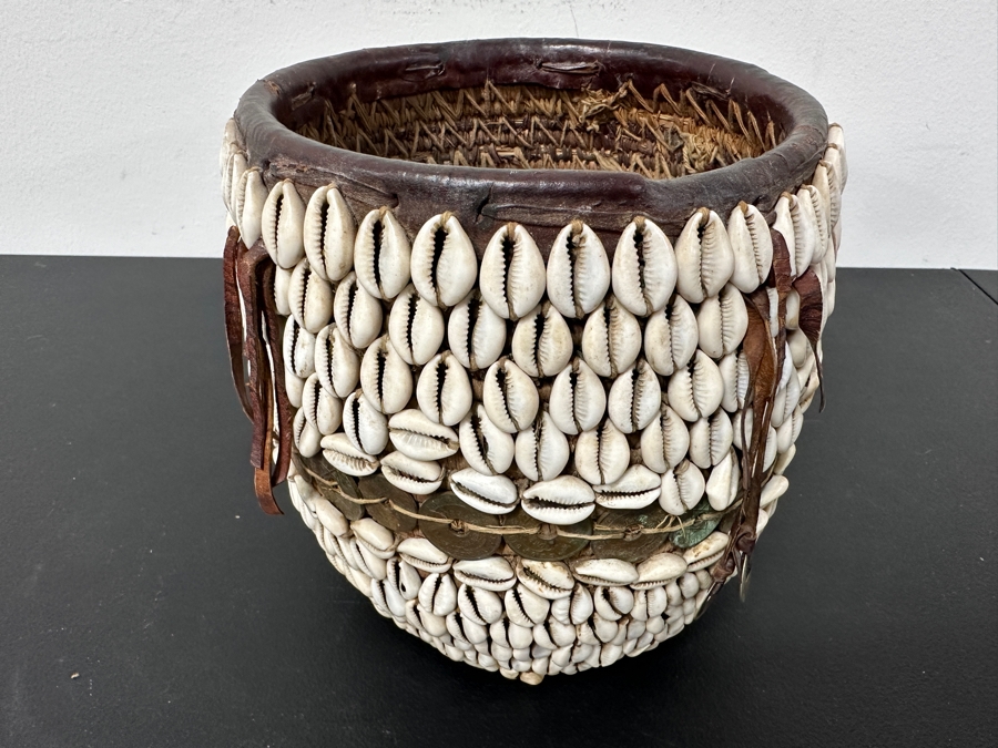 Vintage Handmade African Cowrie Shell Leather Woven Basket 8.5W X 8H [Photo 7]