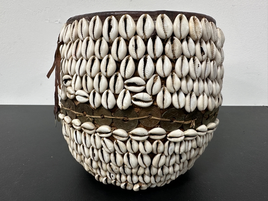 Vintage Handmade African Cowrie Shell Leather Woven Basket 8.5W X 8H [Photo 8]