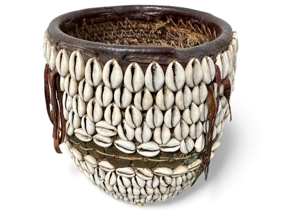 Vintage Handmade African Cowrie Shell Leather Woven Basket 8.5W X 8H