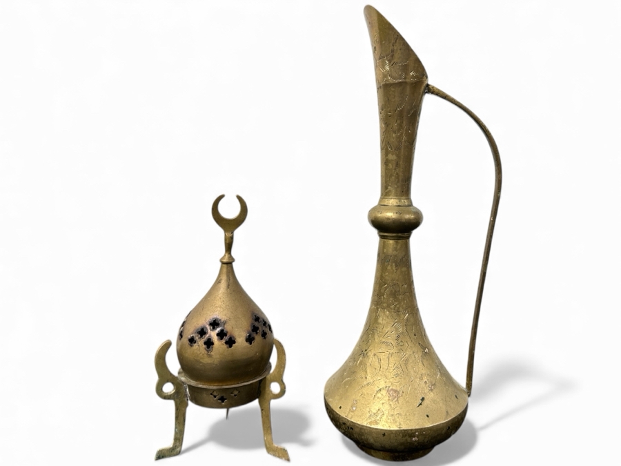 Solid Brass Ewer Pitcher 11.5H And Incense Burner