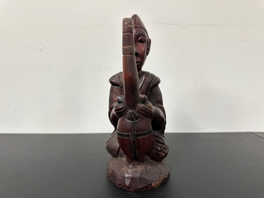 Carved Wooden African Sculpture Of A Musician Playing A Stringed Instrument 10.5'H [Photo 3]