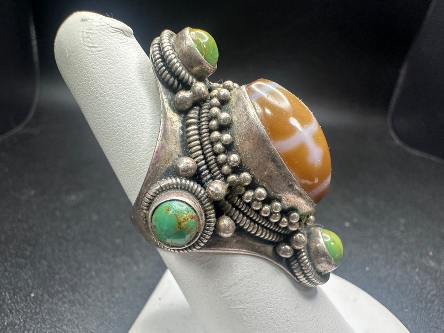 Vintage Sterling Silver Ring Featuring Multiple Green Turquoise Stones Size 7 22.6g [Photo 4]