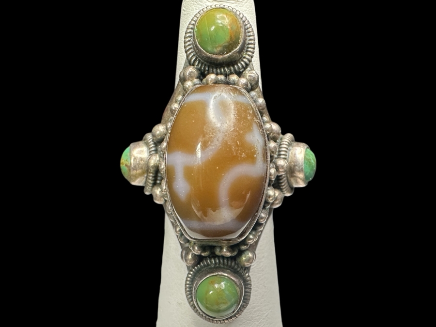 Vintage Sterling Silver Ring Featuring Multiple Green Turquoise Stones Size 7 22.6g
