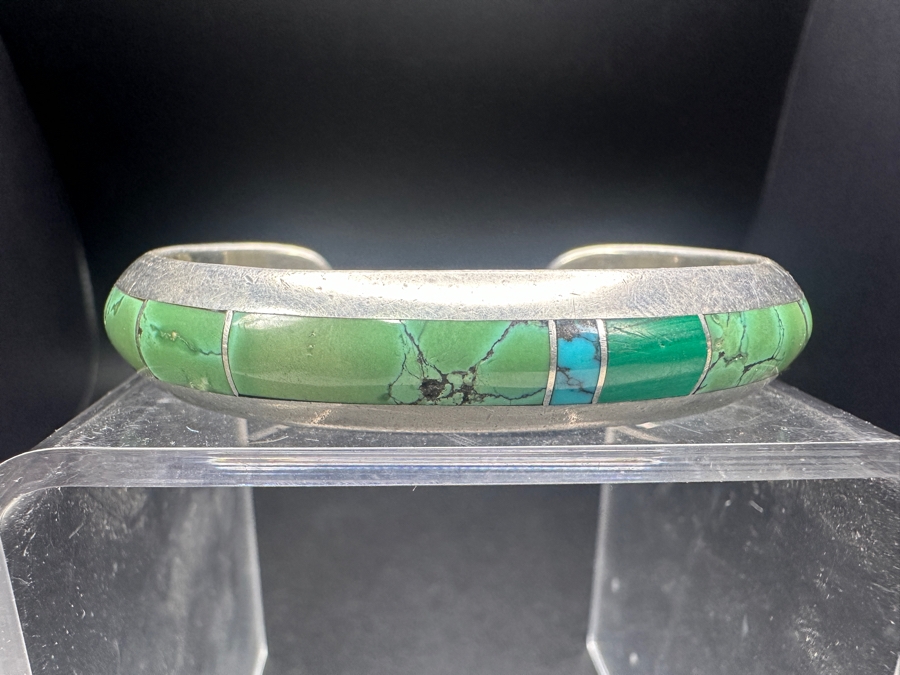 Vintage Sterling Silver Inlaid Turquoise Cuff Bracelet Signed Royen 2.75'W 39.3g [Photo 2]