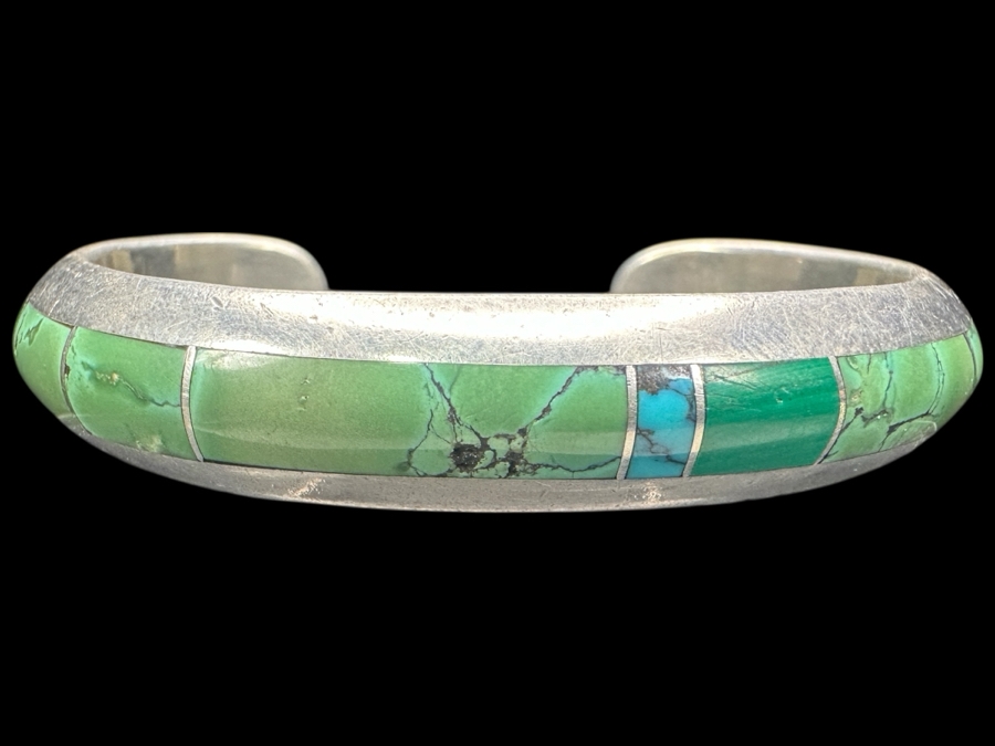 Vintage Sterling Silver Inlaid Turquoise Cuff Bracelet Signed Royen 2.75'W 39.3g