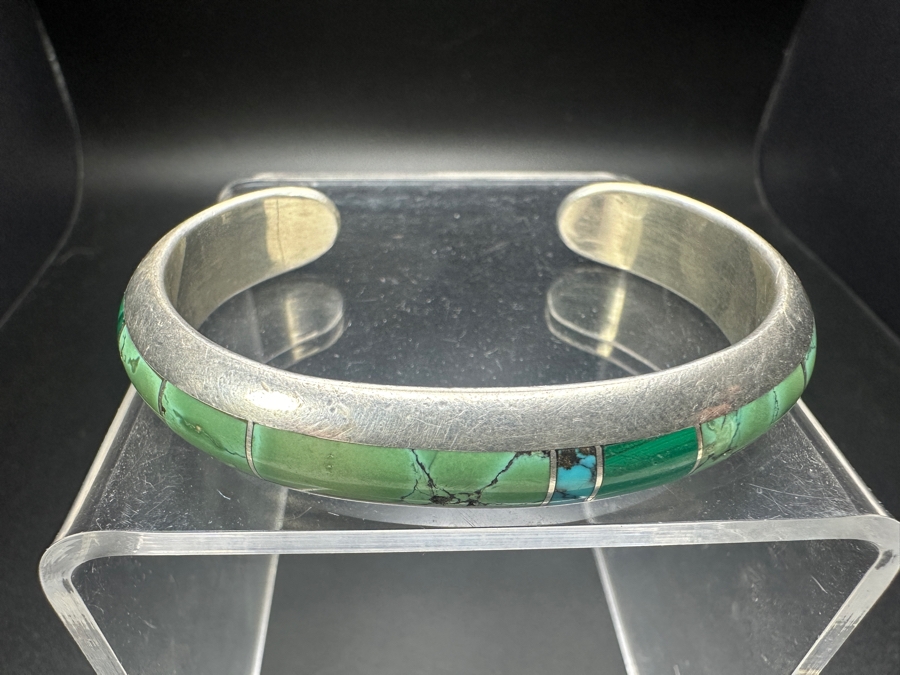 Vintage Sterling Silver Inlaid Turquoise Cuff Bracelet Signed Royen 2.75'W 39.3g [Photo 3]