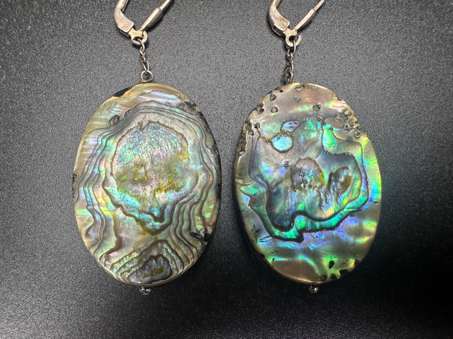 Pair Of Sterling Silver Abalone Shell Earrings 15.4g [Photo 2]