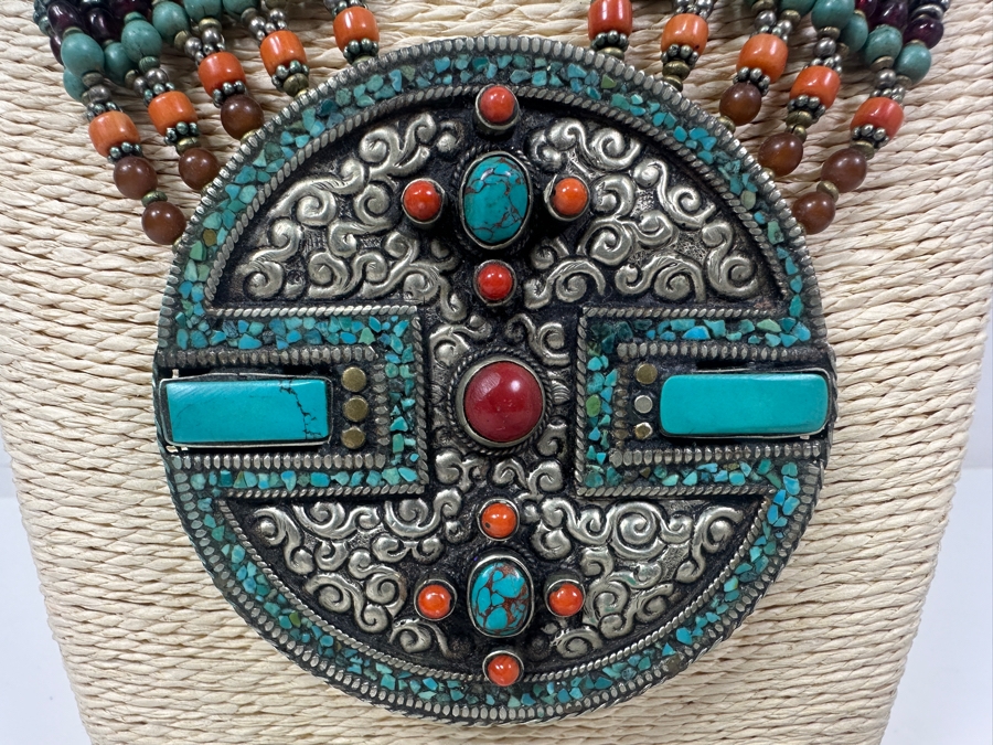 Vintage Tibetan Silver Necklace With Turquoise Coral Beads 20' Necklace [Photo 2]