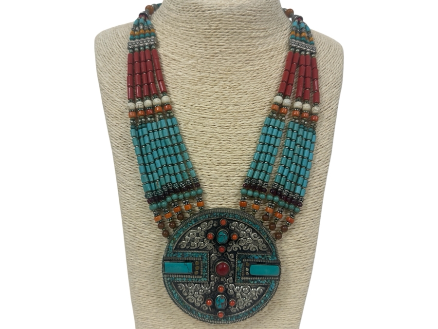 Vintage Tibetan Silver Necklace With Turquoise Coral Beads 20' Necklace