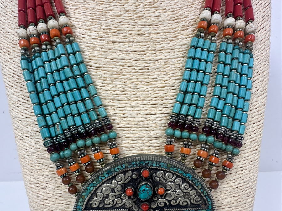 Vintage Tibetan Silver Necklace With Turquoise Coral Beads 20' Necklace [Photo 3]