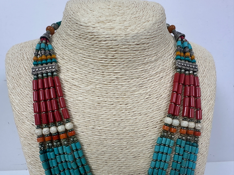 Vintage Tibetan Silver Necklace With Turquoise Coral Beads 20' Necklace [Photo 4]