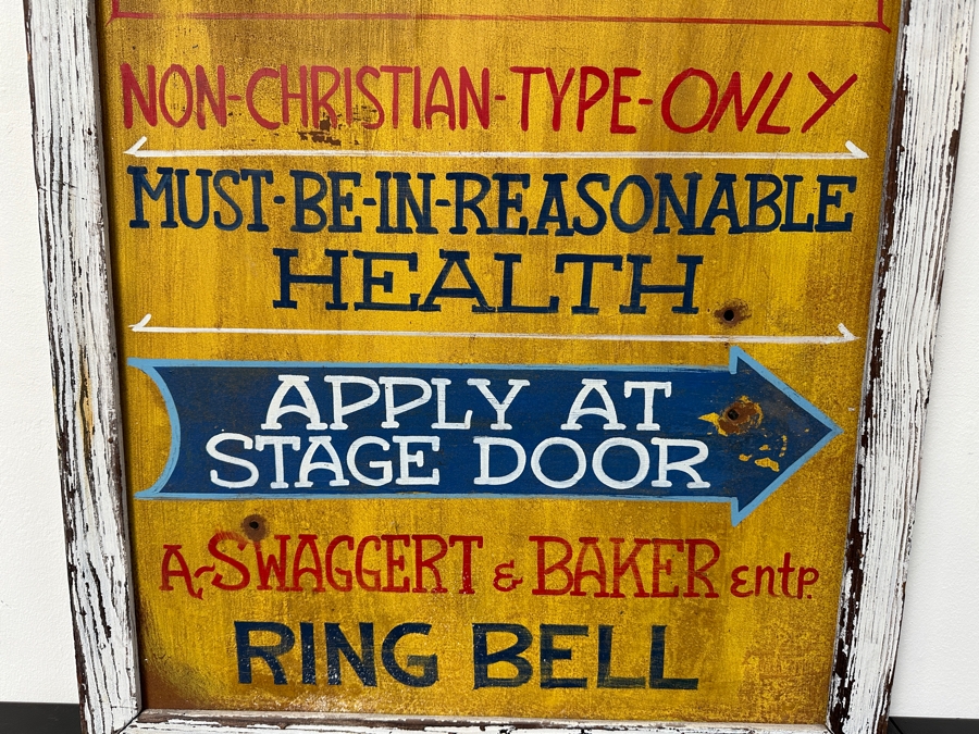 Authentic Vintage Hand Painted Old West 'Wanted Dancing Girls' Metal Sign With Bullet Holes Framed In Wooden Frame 24.5'W X 43'H [Photo 3]