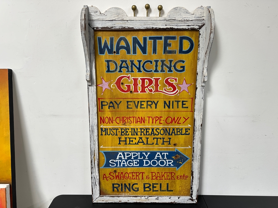 Authentic Vintage Hand Painted Old West 'Wanted Dancing Girls' Metal Sign With Bullet Holes Framed In Wooden Frame 24.5'W X 43'H [Photo 5]