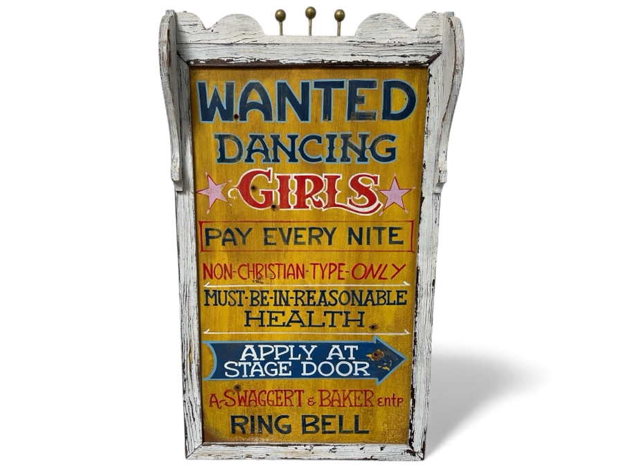 Authentic Vintage Hand Painted Old West 'Wanted Dancing Girls' Metal Sign With Bullet Holes Framed In Wooden Frame 24.5'W X 43'H