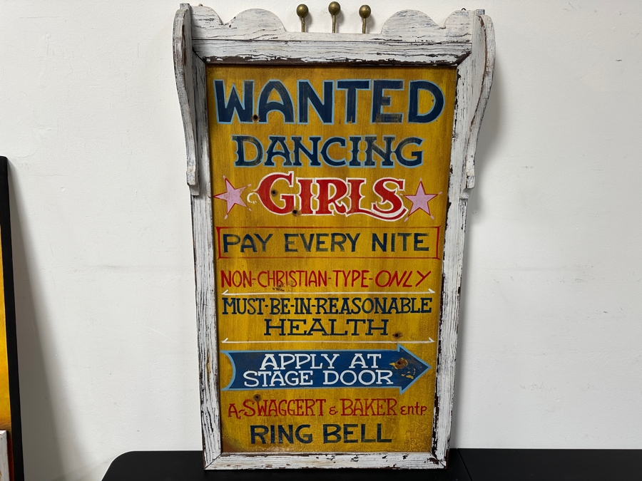 Authentic Vintage Hand Painted Old West 'Wanted Dancing Girls' Metal Sign With Bullet Holes Framed In Wooden Frame 24.5'W X 43'H [Photo 4]