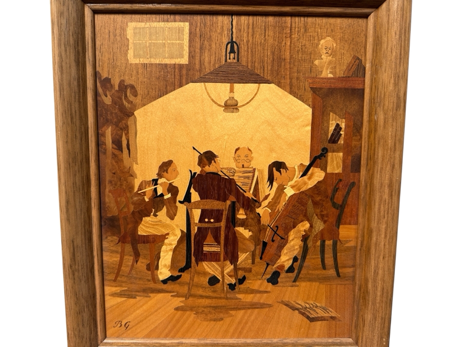 Buchschmid & Gretaux (B&G) German Marquetry Wooden Inlay Artwork Titled 'Musicians' 11.5 X 13.5