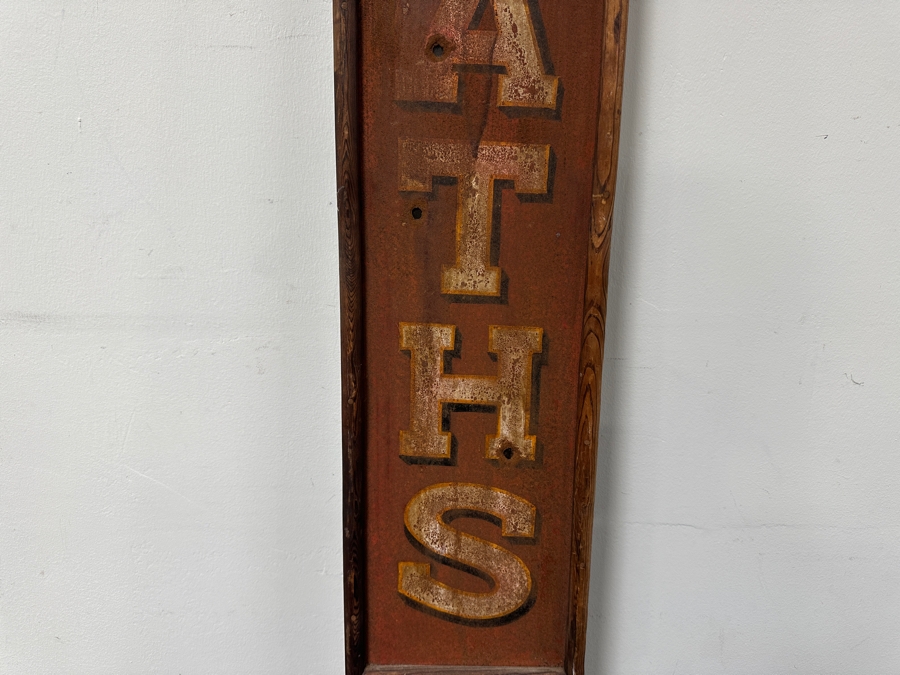 Vintage Hand Painted Metal 'Baths' Sign Encased In A Hand Painted Wooden Frame '5c Ladies Welcome' 9'W X 49'H [Photo 3]