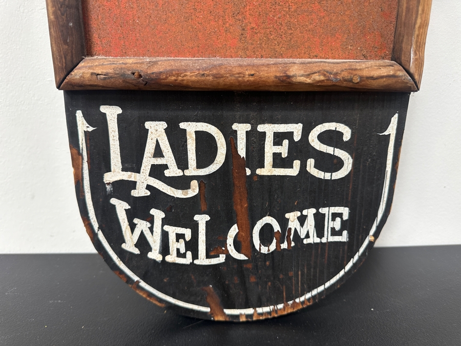 Vintage Hand Painted Metal 'Baths' Sign Encased In A Hand Painted Wooden Frame '5c Ladies Welcome' 9'W X 49'H [Photo 5]