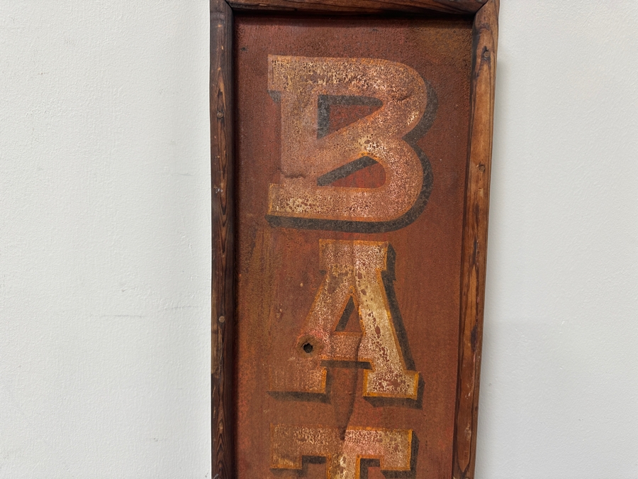 Vintage Hand Painted Metal 'Baths' Sign Encased In A Hand Painted Wooden Frame '5c Ladies Welcome' 9'W X 49'H [Photo 2]
