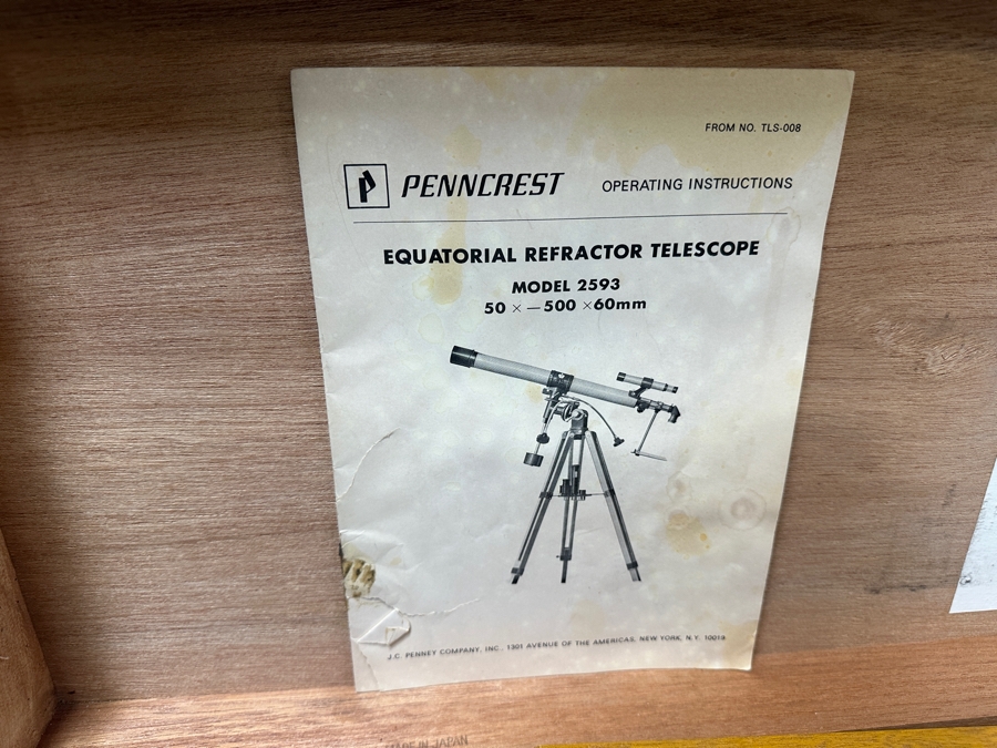 Penncrest Equatorial Refractor Telescope Model 2593 50 X 500 X 66mm With Tripod & Wooden Case Appears Barely Used If Ever 41W X 12.5D X 7.5H [Photo 4]