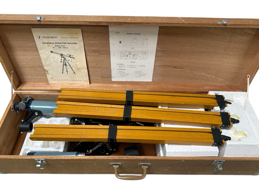 Penncrest Equatorial Refractor Telescope Model 2593 50 X 500 X 66mm With Tripod & Wooden Case Appears Barely Used If Ever 41W X 12.5D X 7.5H