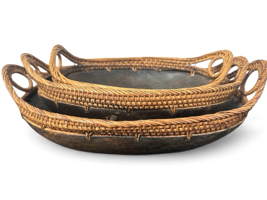 Set Of Three Nesting Handcrafted Oval Wooden Bowls With Rattan Handles Ranging In Size From 10'L To 15'L